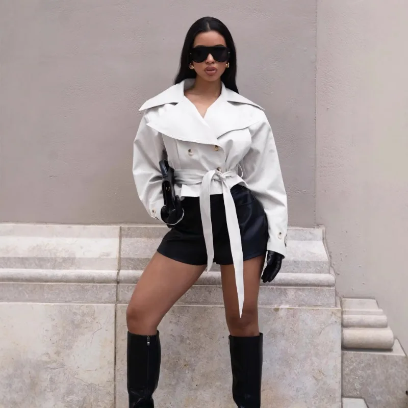 

Женский укороченный тренч Leosoxs с длинными рукавами, весна 2026, новая модная модель, с отложным воротником, двубортный, приталенный, с поясом, для офиса