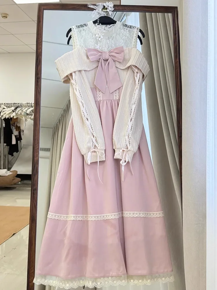 Kyoto Noble Girl Autumn and Winter Clothing Japanese Off Shoulder Bow Waist Slimming Long Dress Party Date Princess Dress