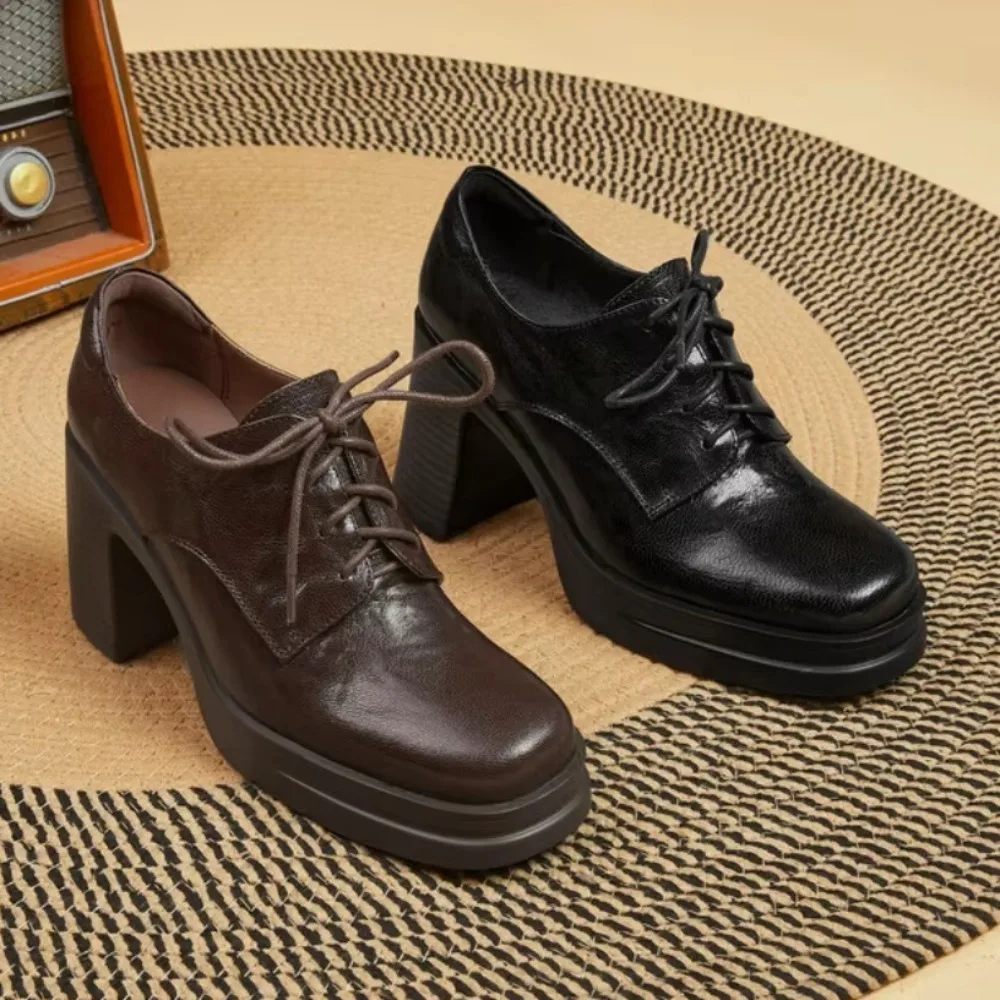 

Women Loafers Shoes Genuine Leather Thick Heels Student Shoes Female Lace Up British Style Lady Oxford Shoes Footwear