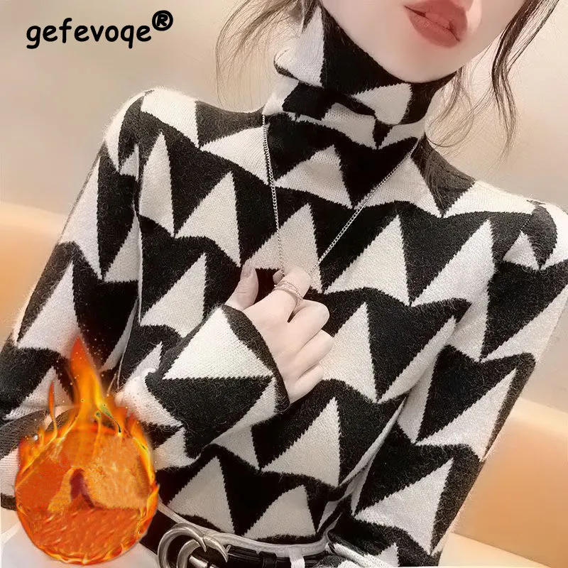 

Осенне-зимняя женская модная бархатная теплая элегантная Базовая футболка с высоким воротником и геометрическим рисунком, повседневный облегающий пуловер с длинным рукавом, Женский Топ