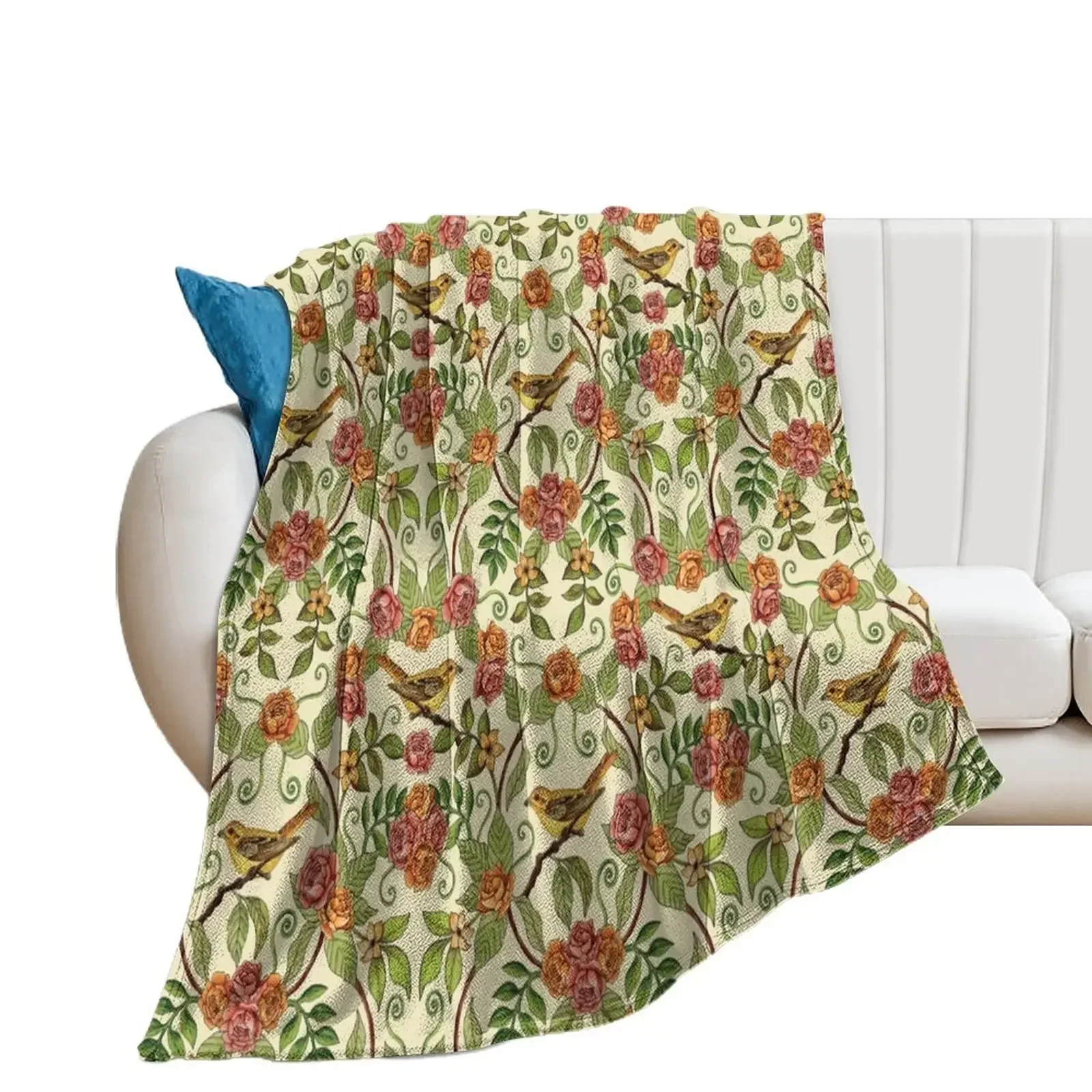 Vintage Inspired Yellow Birds and Pink Flowers Throw Blanket Luxury Brand Plaid Blankets