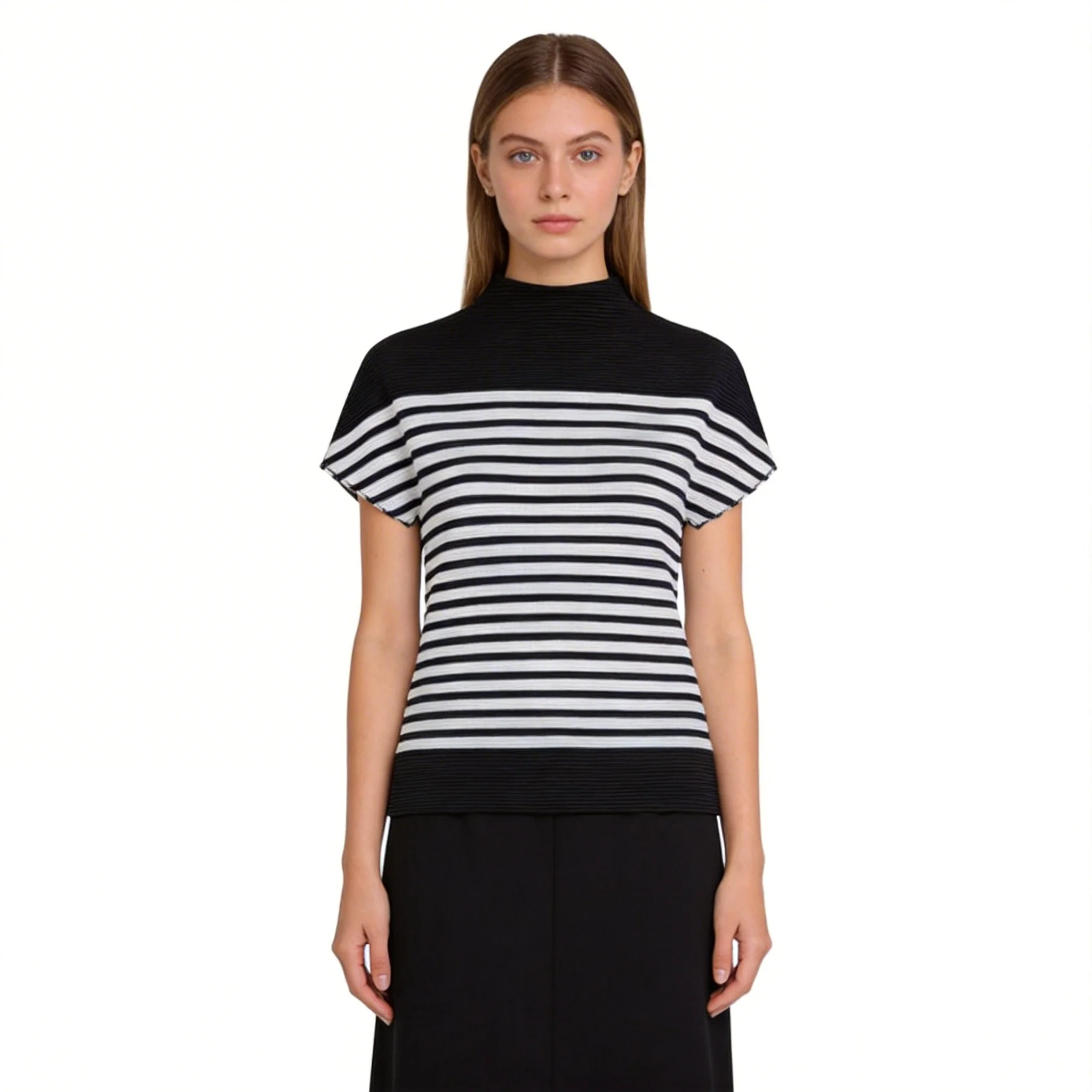 

Miyake Style High-end Corn Grain Pleated Printed T-shirt for Women High Elastic Slim Fit Versatile Stand-up Collar Top for Women