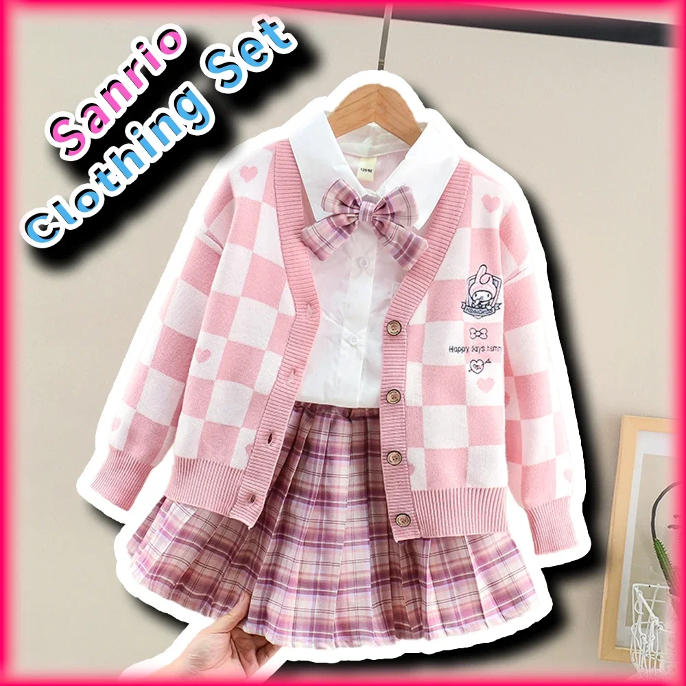 

Kawaii My Melody Kids Knit Sweater Cardigan with Shirt Sanrio Long-sleeves Warm Top Girls Pleated Skirt 3 Piece Clothes Set