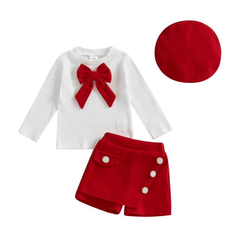 Toddler Baby Girls Shorts Set Crew Neck Long Sleeve Bowknot Ribbed T-shirt with Shorts and Beret Fall Outfit 2Pcs Clothing Set