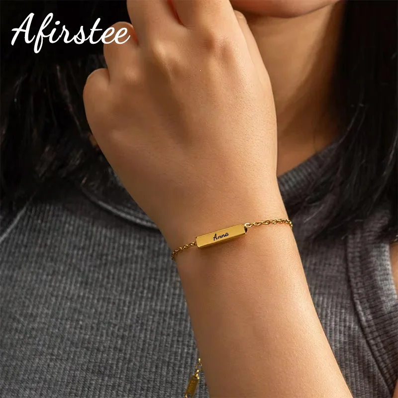

Afirstee Personalized Engraved Name Square Bar Bracelet Stainless Steel Custom Date Bracelet Women Girls Nameplate Jewelry Gifts