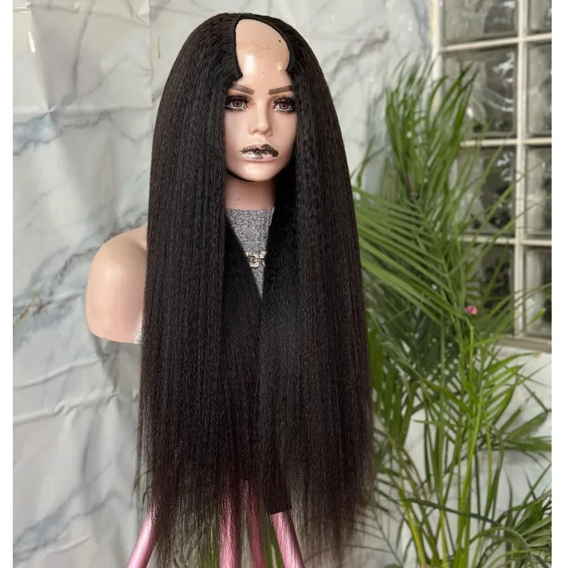 

Afro Black Women Kinky Straight Human Hair 1x4 Size V Part Wigs with Clips Glueless 180Density Opening V Part Wigs Natural Hair