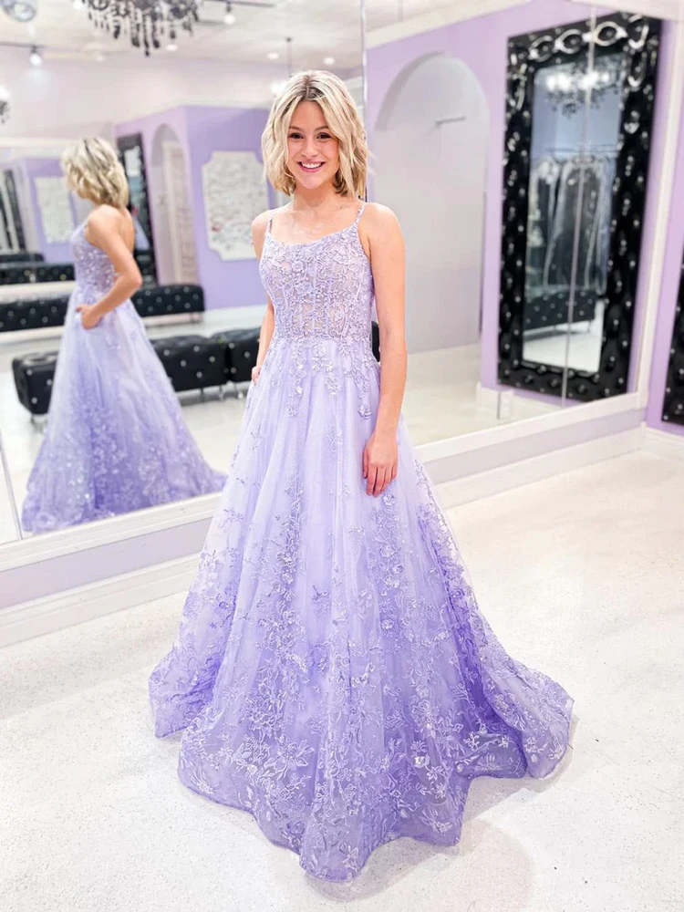 Robe trapèze longue en dentelle et tulle violet, bretelles spaghetti, robe de Rh, robe de soirée, appliques