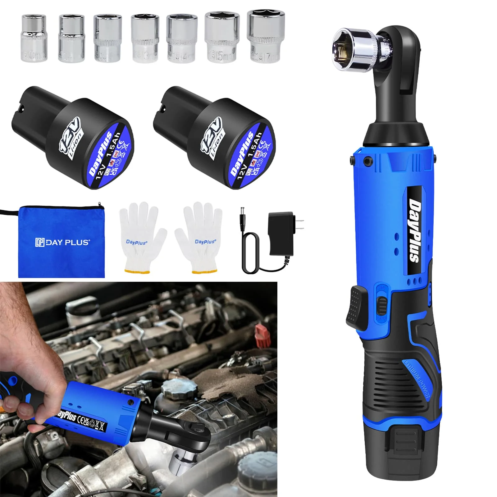 

Аккумуляторный гайковерт 12В, электрический гайковерт 3/8 дюйма, 40 Нм, 300 об/мин, набор из 7 насадок, инструменты для ремонта мотоциклов