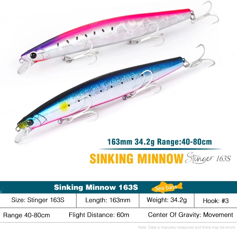 Imagem -04 - Tsurinoya-stinger 163s Fundição Ultra Longa Afundando Minnow Água Salgada Isca de Pesca Marítima Artificial Grandes Iscas Duras 163 mm 34.2g Pcs