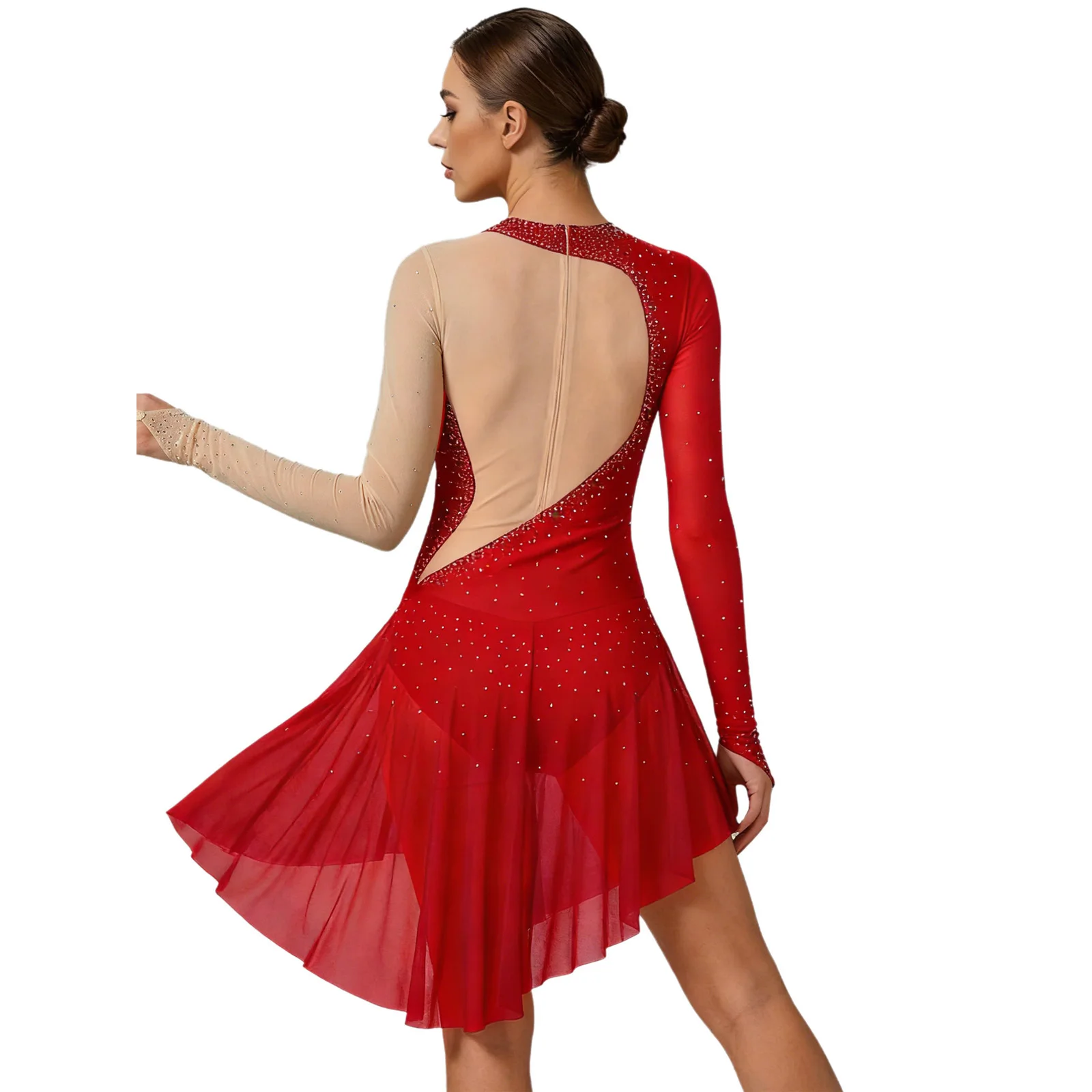 

Women Figure Skating Rhythmic Gymnastics Costume Shiny Rhinestone Mesh Long Sleeve Ballet Lyrical Latin Dance Dress Leotards