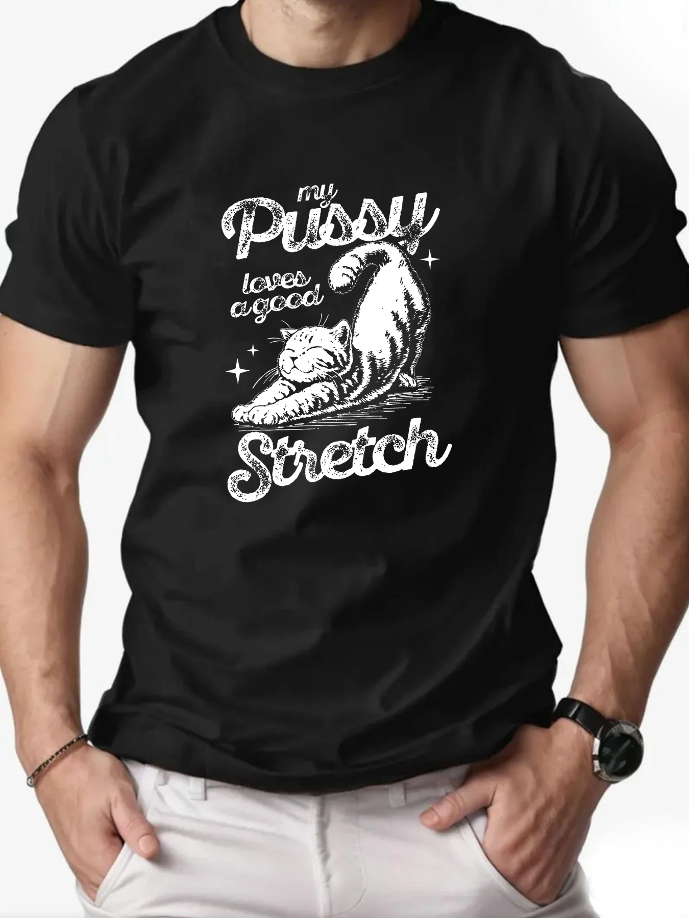 

2025 New Men T-Shirt 100% Cotton Cat Stretches Pattern Print Streetwear Round Collar Tee Breathable Summer Fashion T shirts
