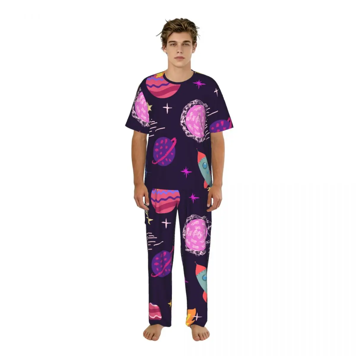 

Men Pajamas Set Planets Rockets And Stars Short Sleeve Spring Summer Lounge Sleepwear Male Nightwear