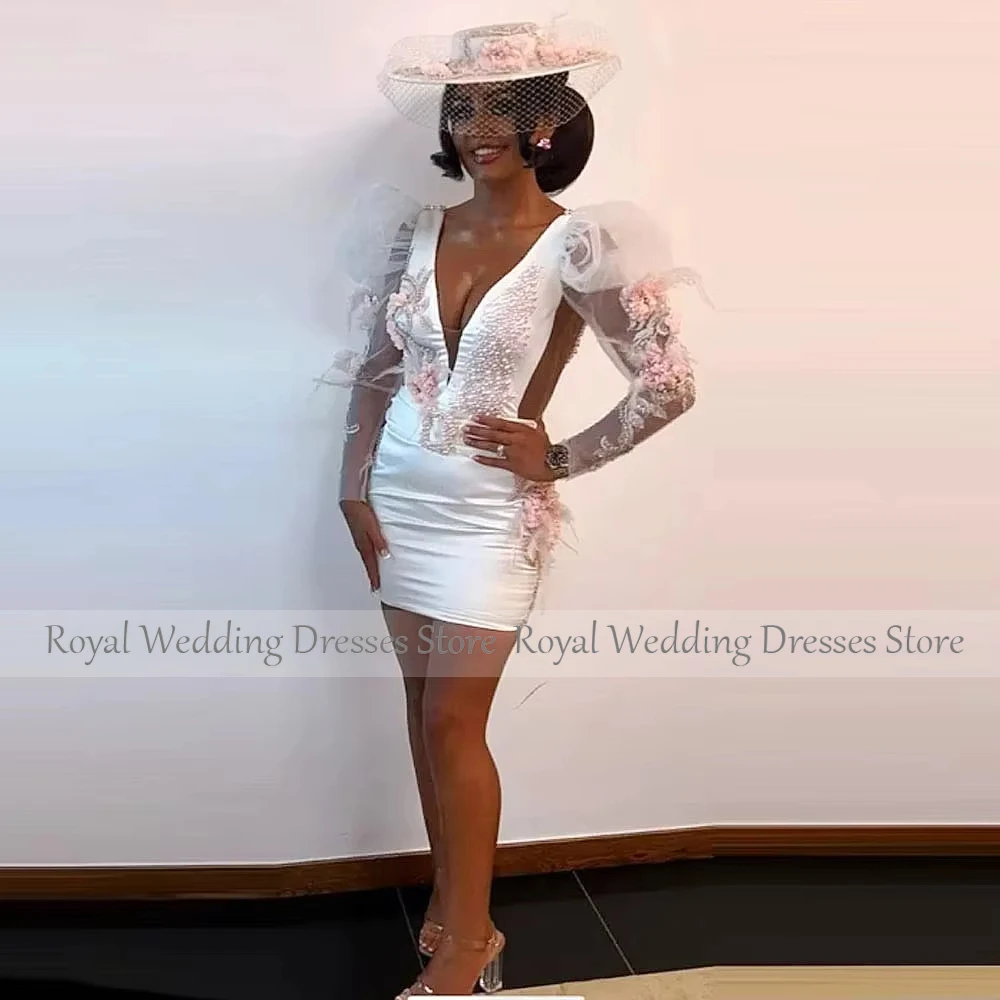 Abito da cocktail corto sexy avorio per donna Mini abito da cocktail tubino con scollo a V maniche lunghe in tulle con perline abito da festa