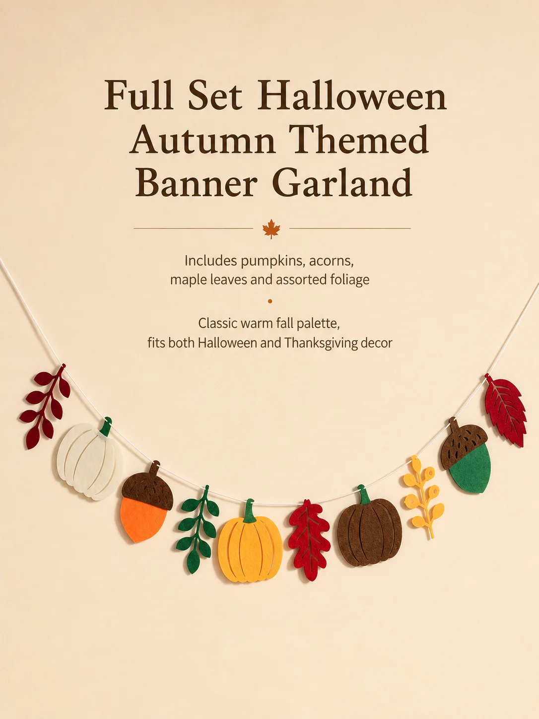 Halloween Fall Pumpkin Felt Garland Thanksgiving Autumn Leaf Acorn Banner Pre-Strung Hanging Decor for Mantel Wall Home Party