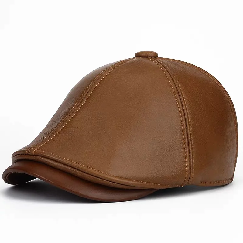 

Men's Winter Berets Male Warm Protection Cap 100% Genuine Leather Cowhide Dad Hat Wholesale Leisure Yellow Brown bonnet