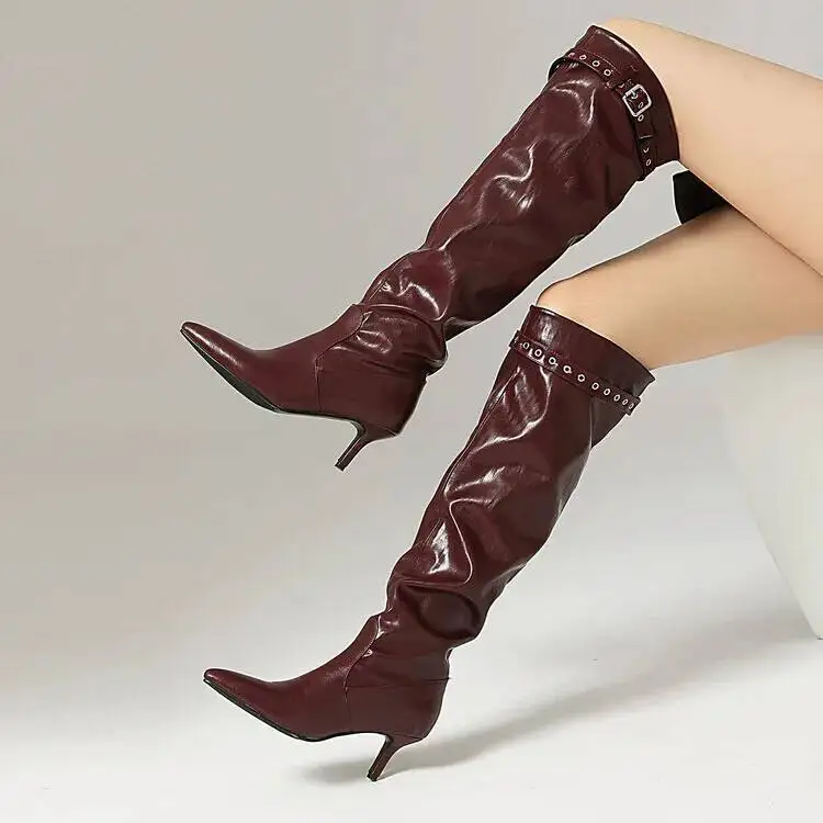 

High Quality Sexy Stiletto Heel Knee High Boots Pointed Toe Belt Buckle Casual Boots