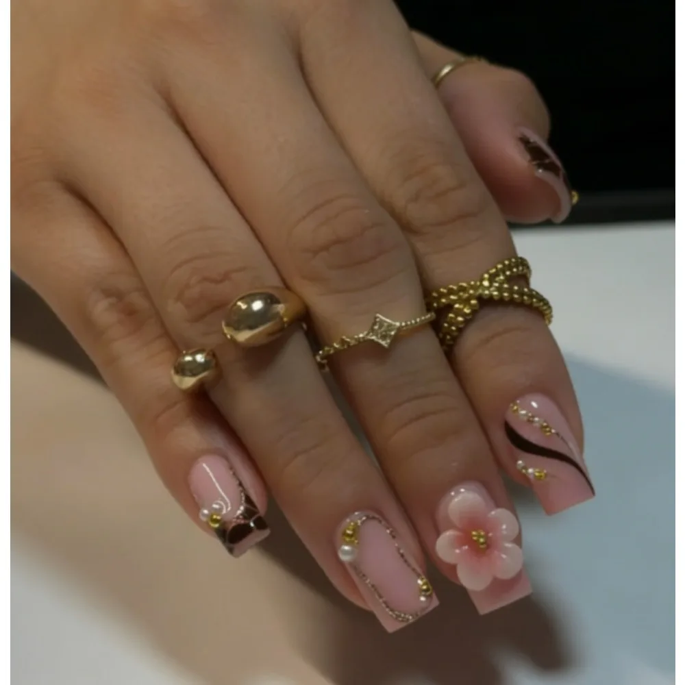 

24PCS Pink Medium Square Fake Nail with 3D Flower Cow Print Gold Line Pearl Press on Nails Elegant Girly Cool Nail Art for Women