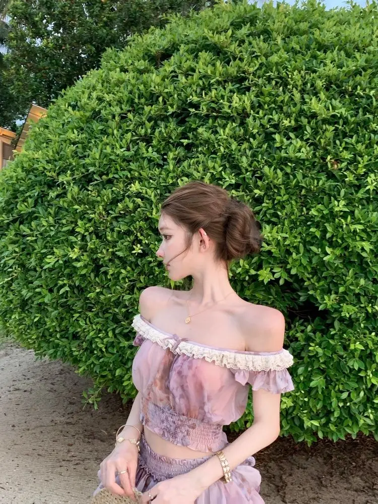 French Sweet Coquette Off Shoulder Lace Trim Floral Print 2 Piece Set Women Ruffled Crop Top Tiered Mini Skirt Summer Daily Wear view 5