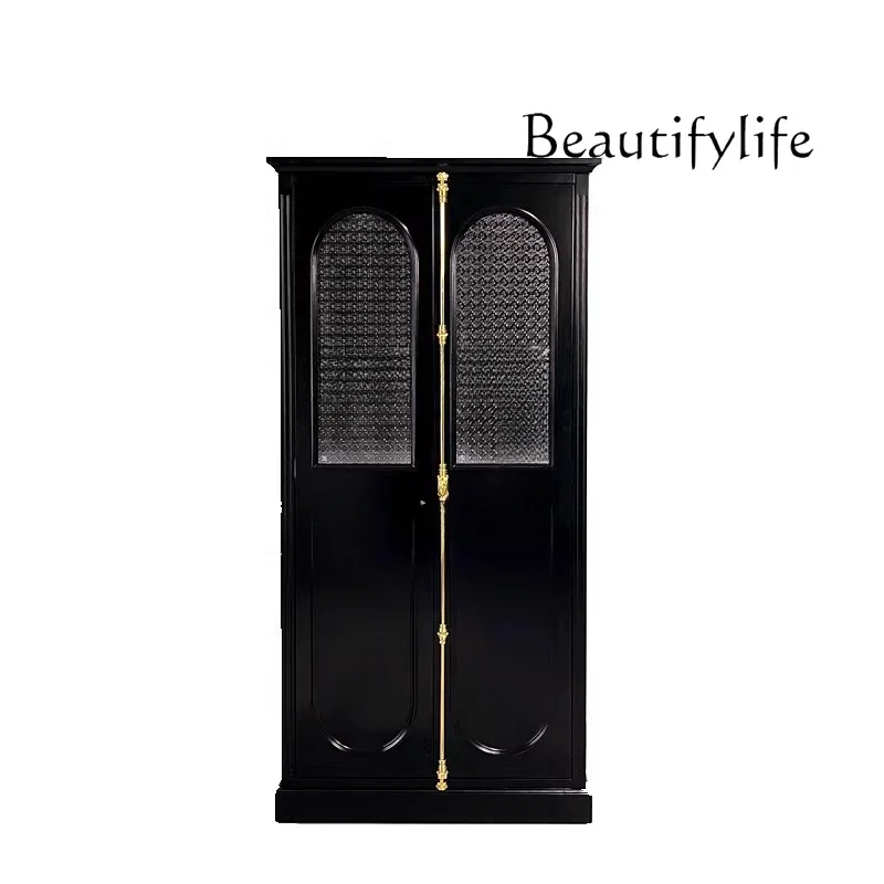 

vV Modern retro solid wood wardrobe cabinet medieval black wardrobe Begonia glass heaven and earth lock wardrobe