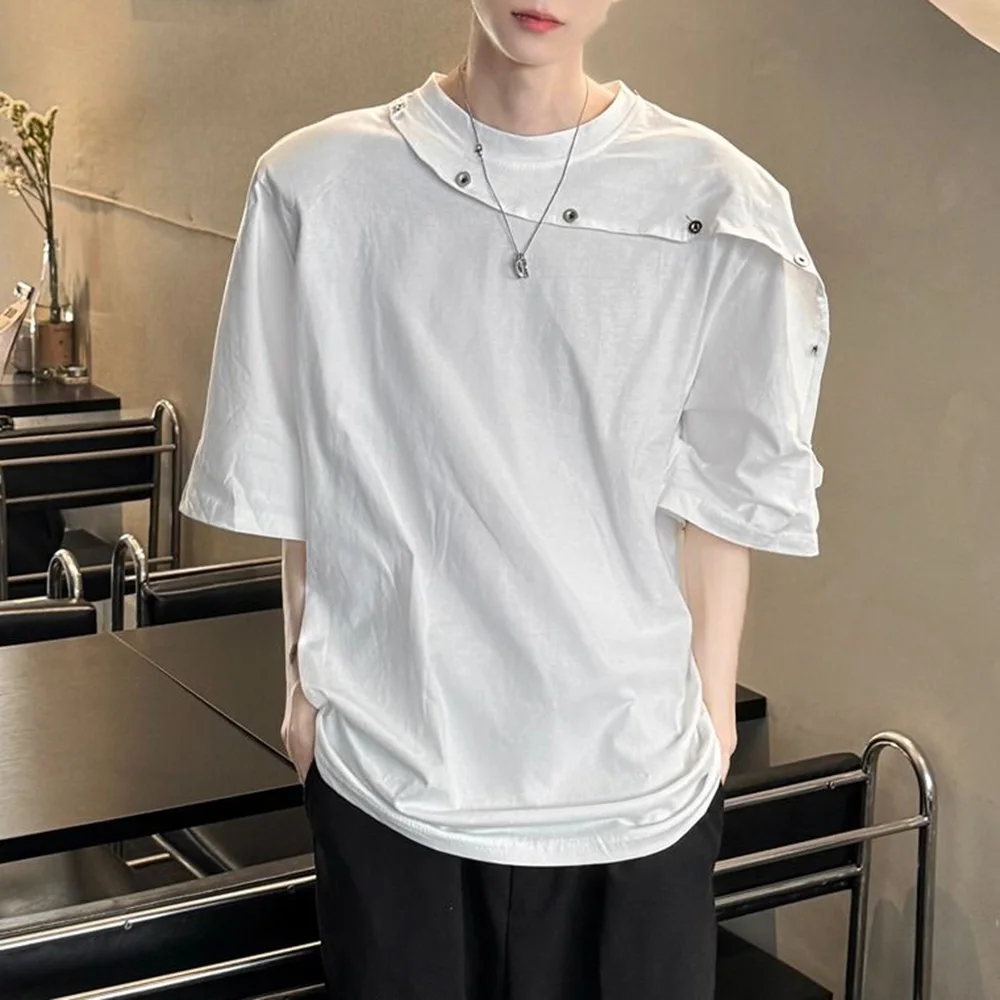 

Мужская модная футболка с коротким рукавом и пуговицами в стиле пэчворк, необычный дизайн, нишевая футболка с дизайном, модный Повседневный Топ, лето 2024