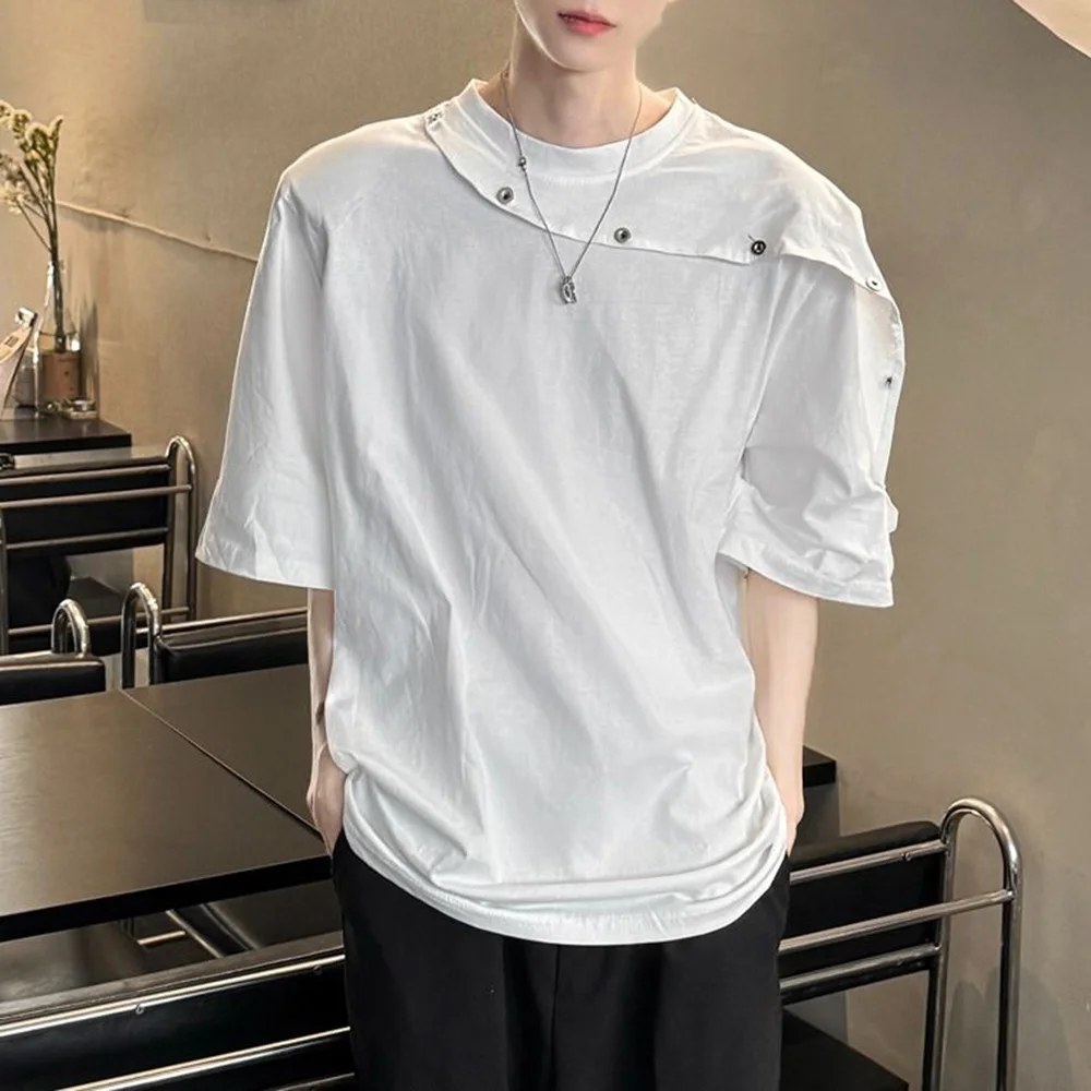 Mens Short Sleeve Trendy Patchwork Button Irregular Design Niche Deconstruction Sense T Shirt Fashionable Causal Top 2024 Summer