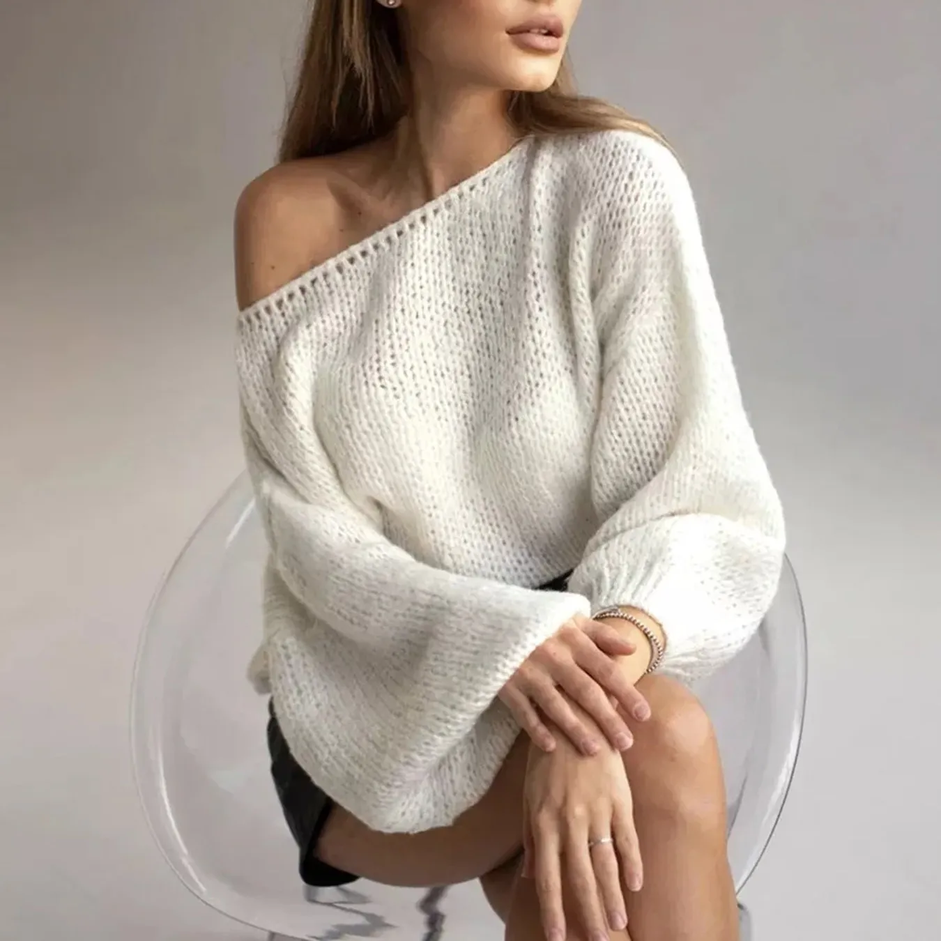 Crewneck Pullover Sweater Straight Cut Streetwear with Off Shoulder Regular Length Heat Set Finished Single Women Sweater