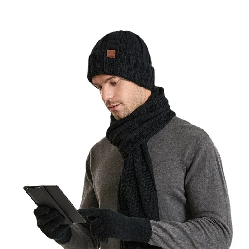 Women Men Knitted Long Scarf Hat Gloves 3pcs Set Winter Thick Plush Fleece-lined Beanies Hat Black Gray Touchscreen Gloves