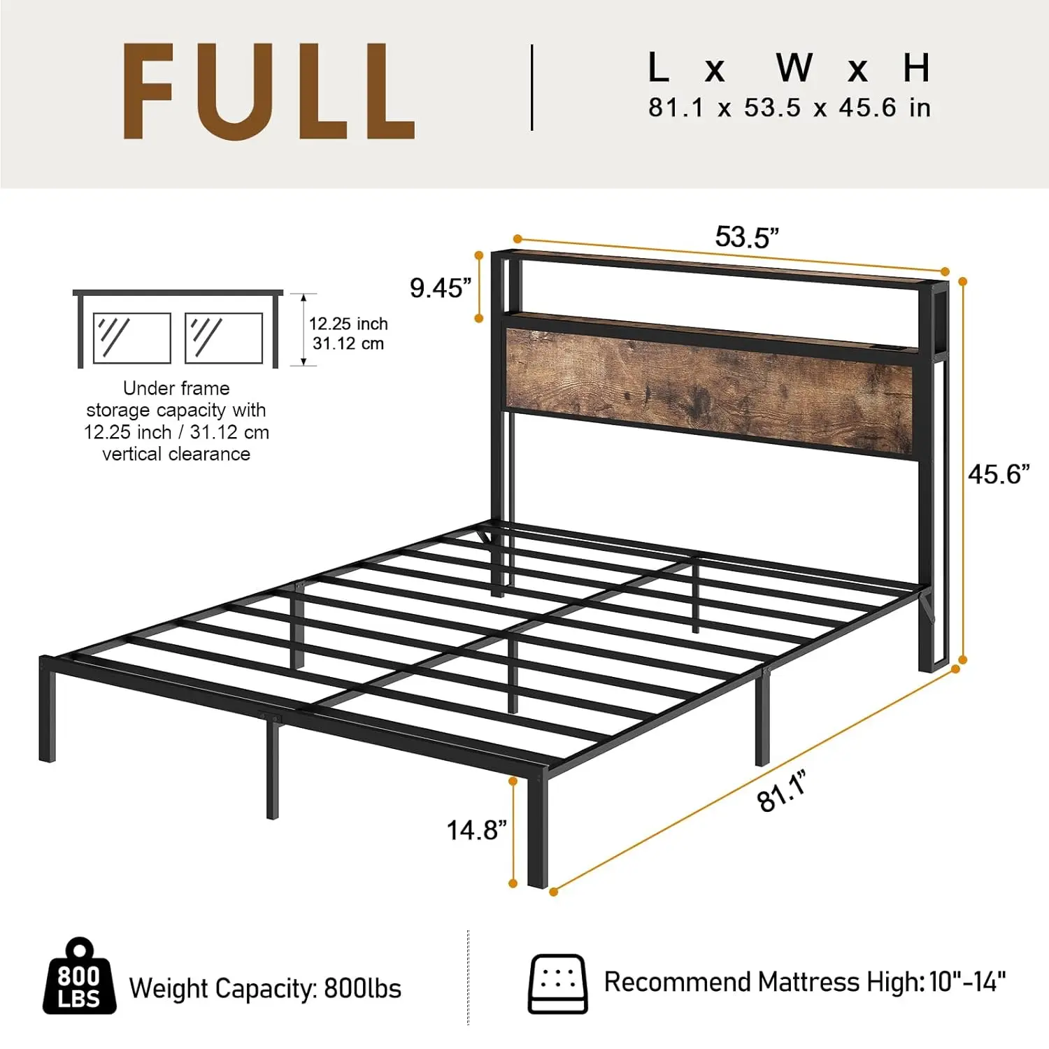 Full Size Bed Frame with Headboard, Metal Platform Bed Frame with LED Lights & Charging Station, Under Bed Storage, Solid and St