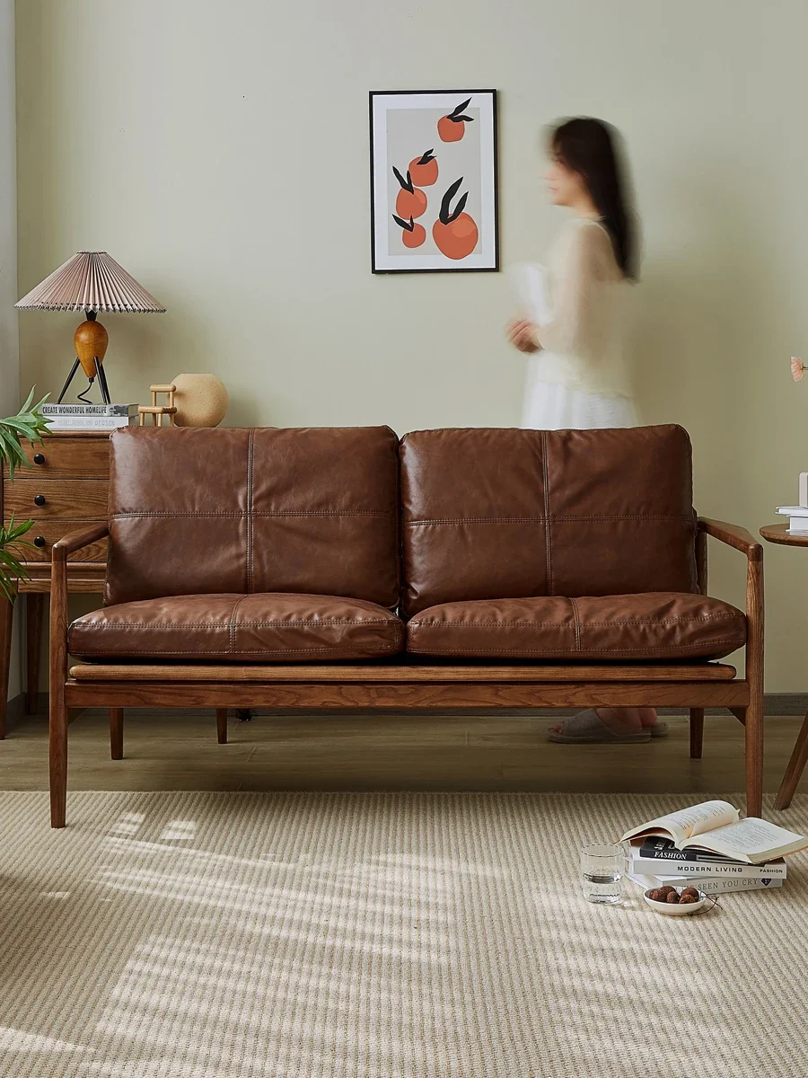 Retro solid wood leather sofa living room straight row double triple top layer cowhide bedroom simple modern small apartment