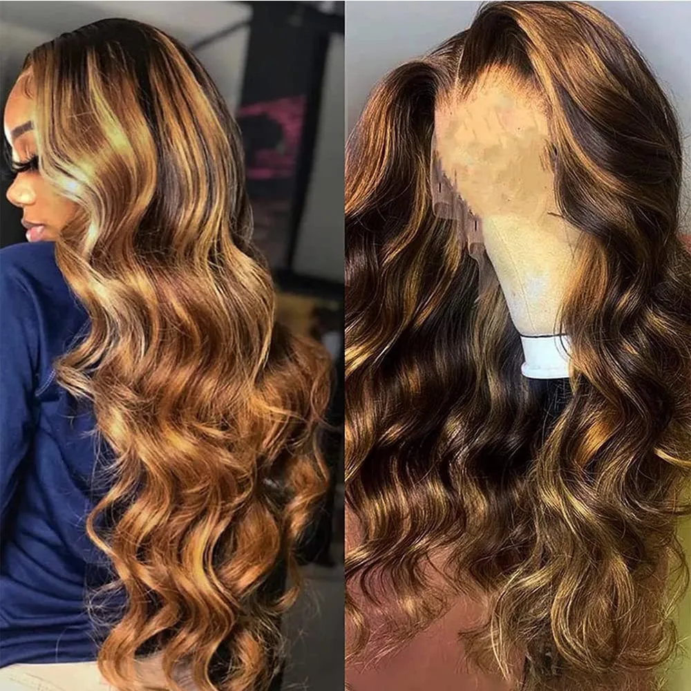 

Highlight 13x6 HD Lace Frontal Wig Human Hair P4/27 38 Inches 13X4 Lace Front Wig Body Wave Highlight Wigs Human Hair Water Wave
