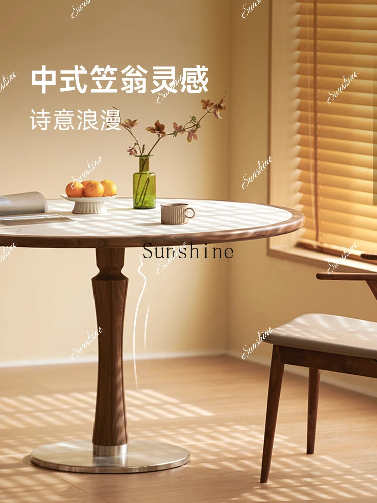 Household small apartment modern simple Nordic solid wood round rock slab dining table  FT
