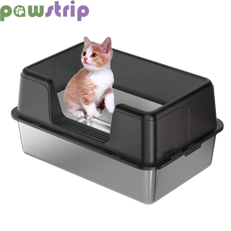 

Stainless Steel Cat Litter Box High Sided Removable Cat Litter Pan with Lid Non-slip Breathable Kitten Toilet Cat Accessories