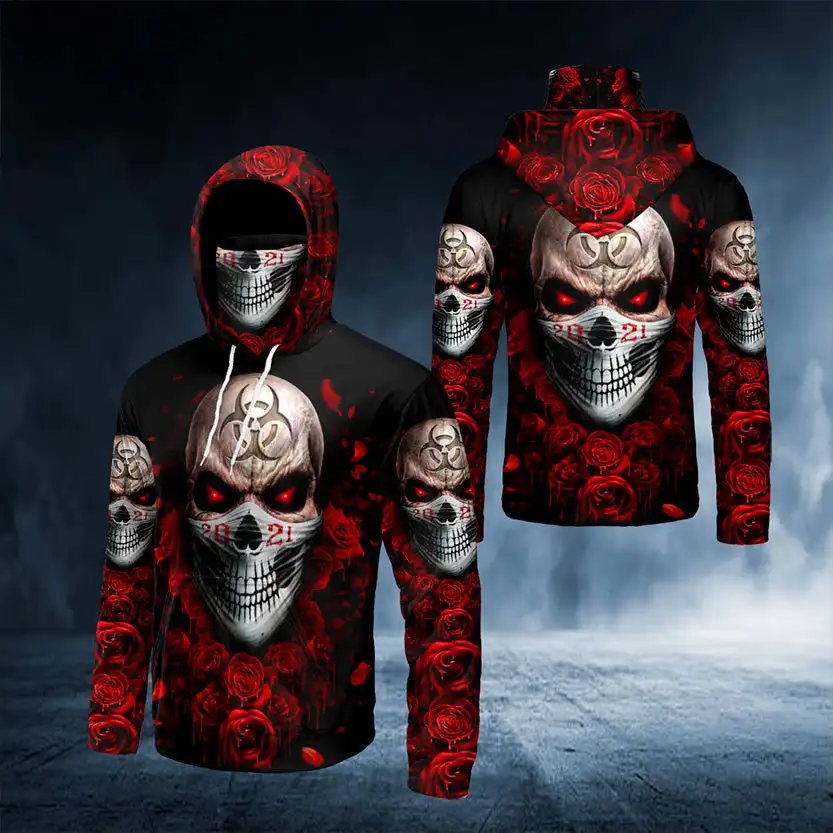 Roses Biohazard Skull 3D All Over Printed Bandana Hoodie US Size Women For Men Casual Pullover Hoodie Mask Warm