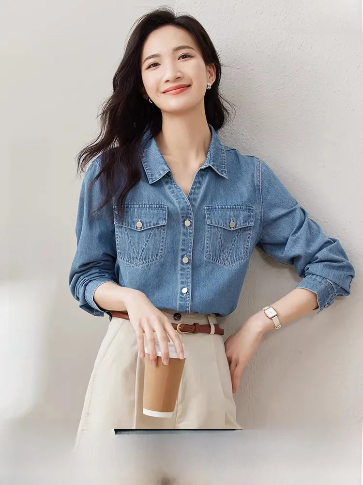 

Women's Casual Denim irt Straight Leg Long Sve Pure Color Autumn 2025 New Design Waed Effect Faux ket Top