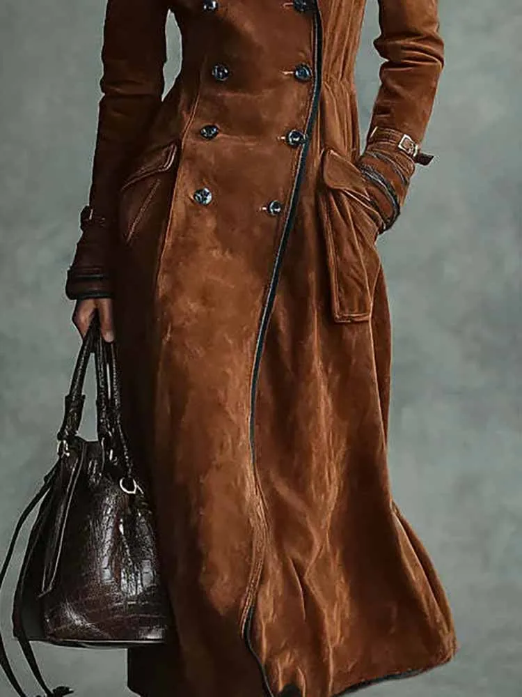 

Autumn Winter Temperament Fur Outwear Vintage Brown Lapel Long Sleeve Trench Coat Leisure Double Breasted Women's Pocket Jacket