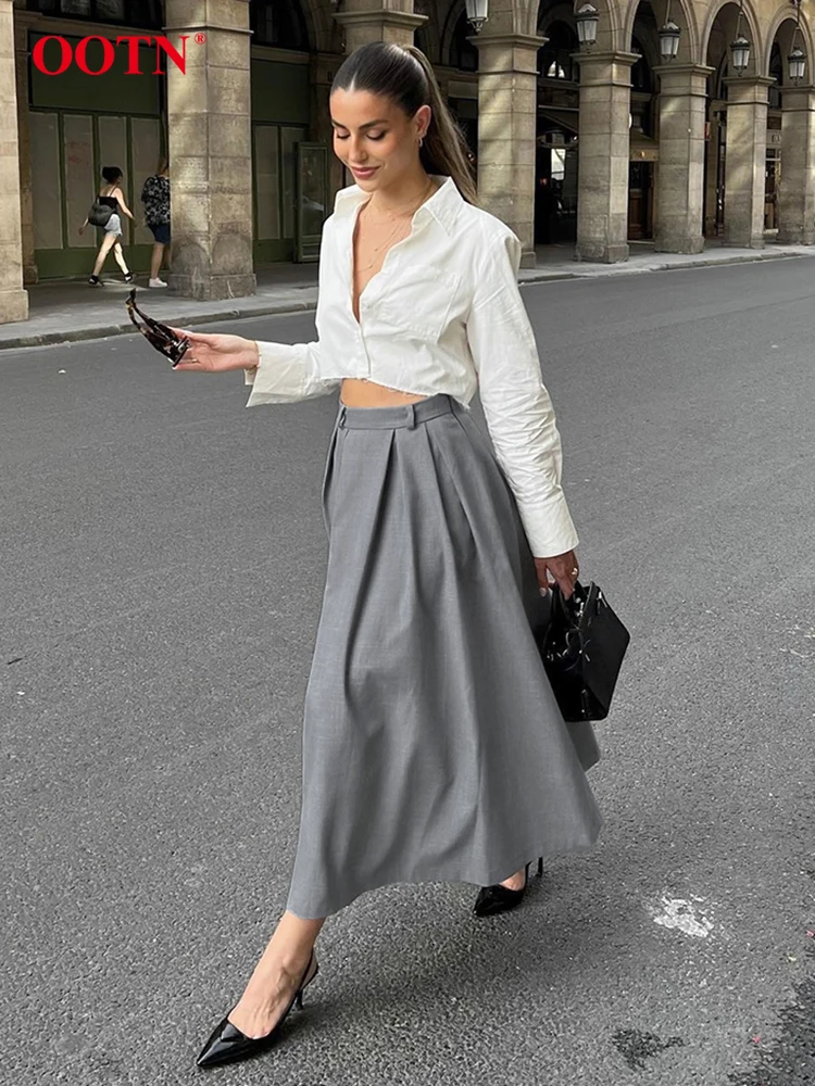 OOTN Elegant Office Lady Long Skirts 2024 Autumn Gray High Waist Pleated A-Line Skirts Fashion Solid Party Midi Skirts For Women