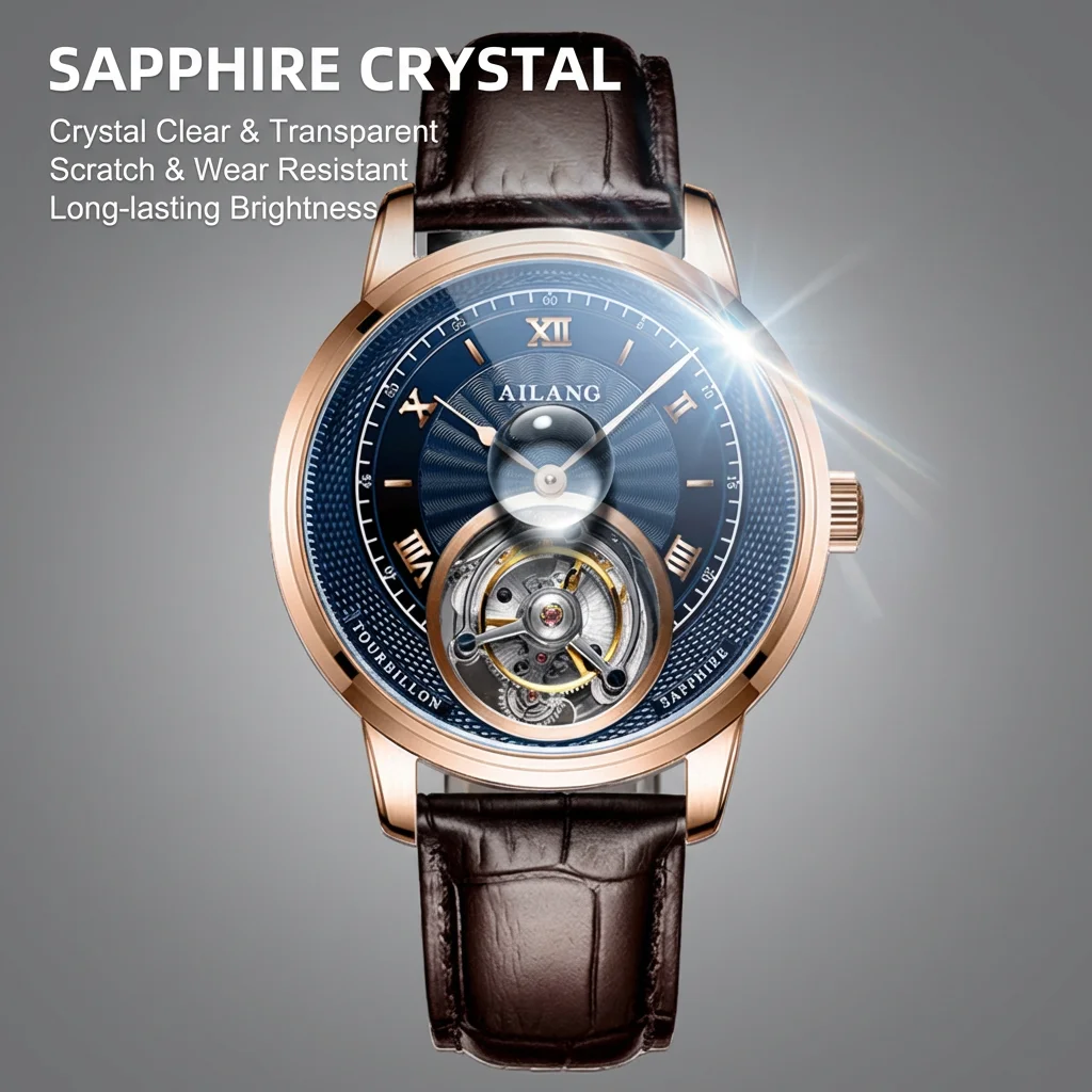 1pc Men's Blue Rose Gold Leather Luxury Tourbillon Roman Numerals Sapphire Mechanical Watch Gift Set for Business Formal Occasio