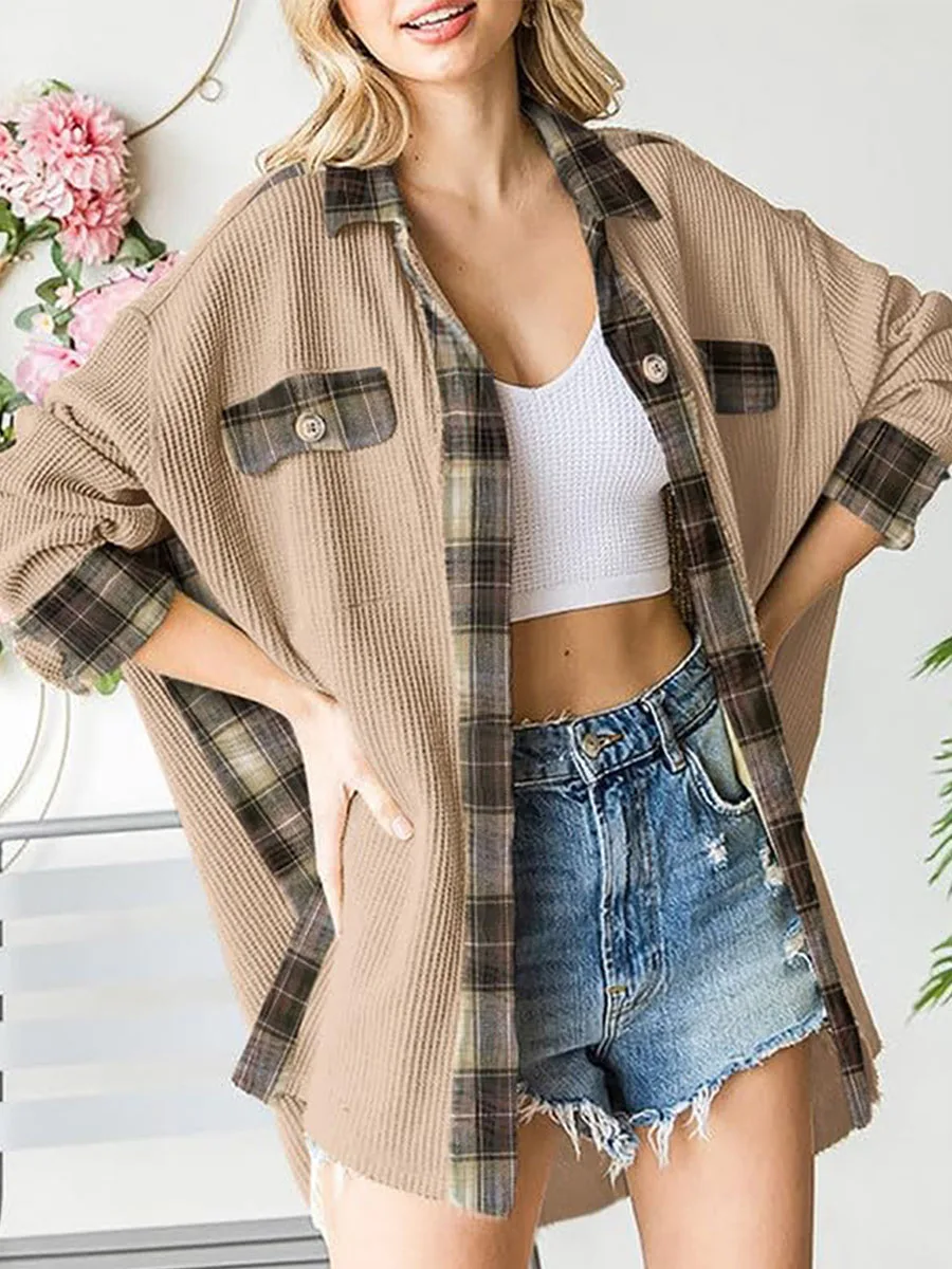 

Women Waffle Plaid Patchwork Shirt Autumn Knit Loose Fit Long Sleeve Coat Tops Button Down Lapel Collar Jacket