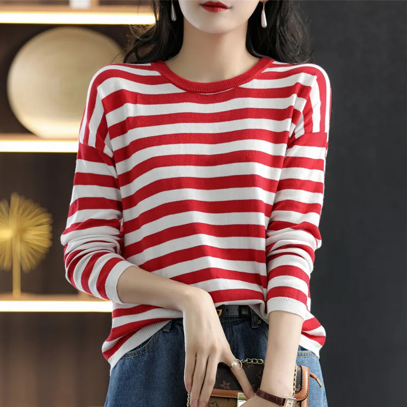 Striped Round Neck Patchwork Women\'s Knitted Pullover Long Sleeved Versatile Spring And Autumn New Item 100% Pure Cotton Top SMY