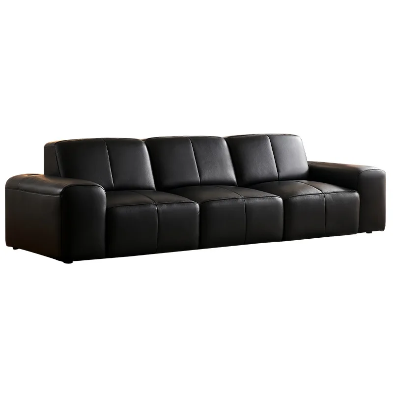 Big black cow retractable sofa bed, zero against the wall retro living room multi-functional charging leather electric sofa