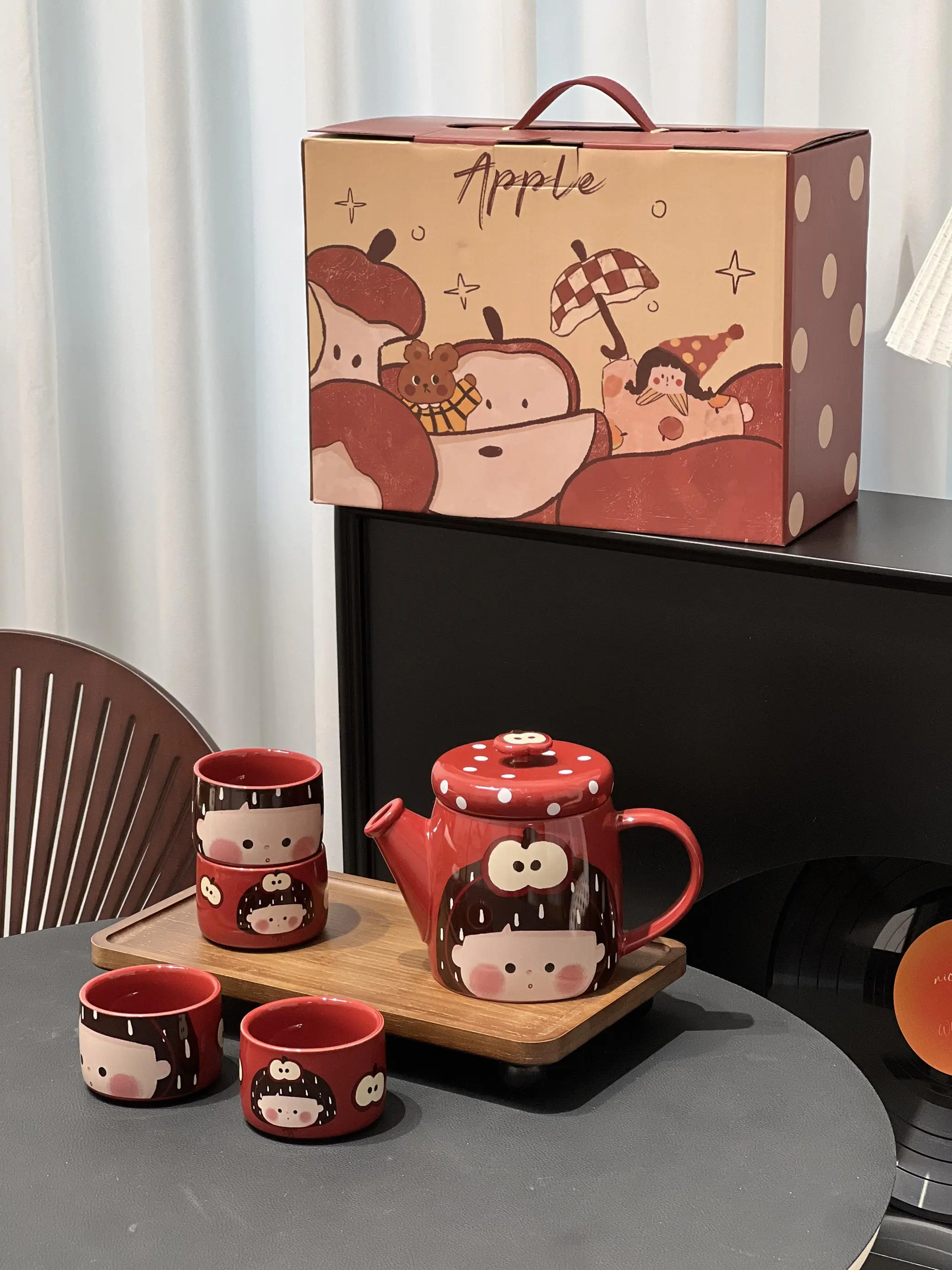 

YueMing Cerc Tea Set Gift for Girls Marriage Moving New Year Festival Cute Cartoon Korean Sle 6 Pieces Tea Pot And Cups