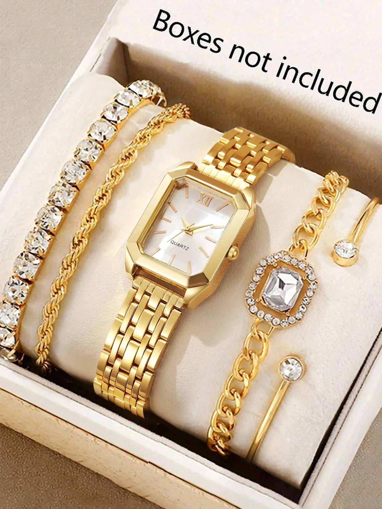 Women Gold Rectangle Watch 5Pcs Bracelet Set Roman Dial Quartz Wristwatch Metal Band Rhinestone Bracelets