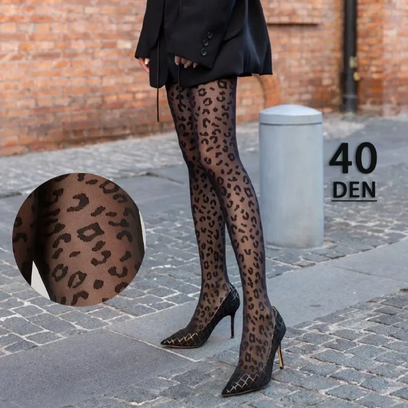 

Talenza Leopard Print Sexy Pantyhose Women's Retro Print Pantyhose Black Super Stretch Thin Bottoming Tights Y2k Slim Stockings