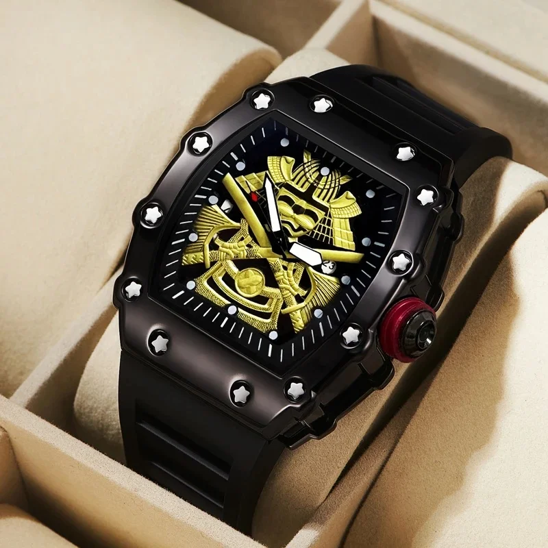 Tonneau Shape Sports Quartz Wristwatch for Men Boys Waterproof Soft Silicone Strap Casual Male Outdoor Daily Watch