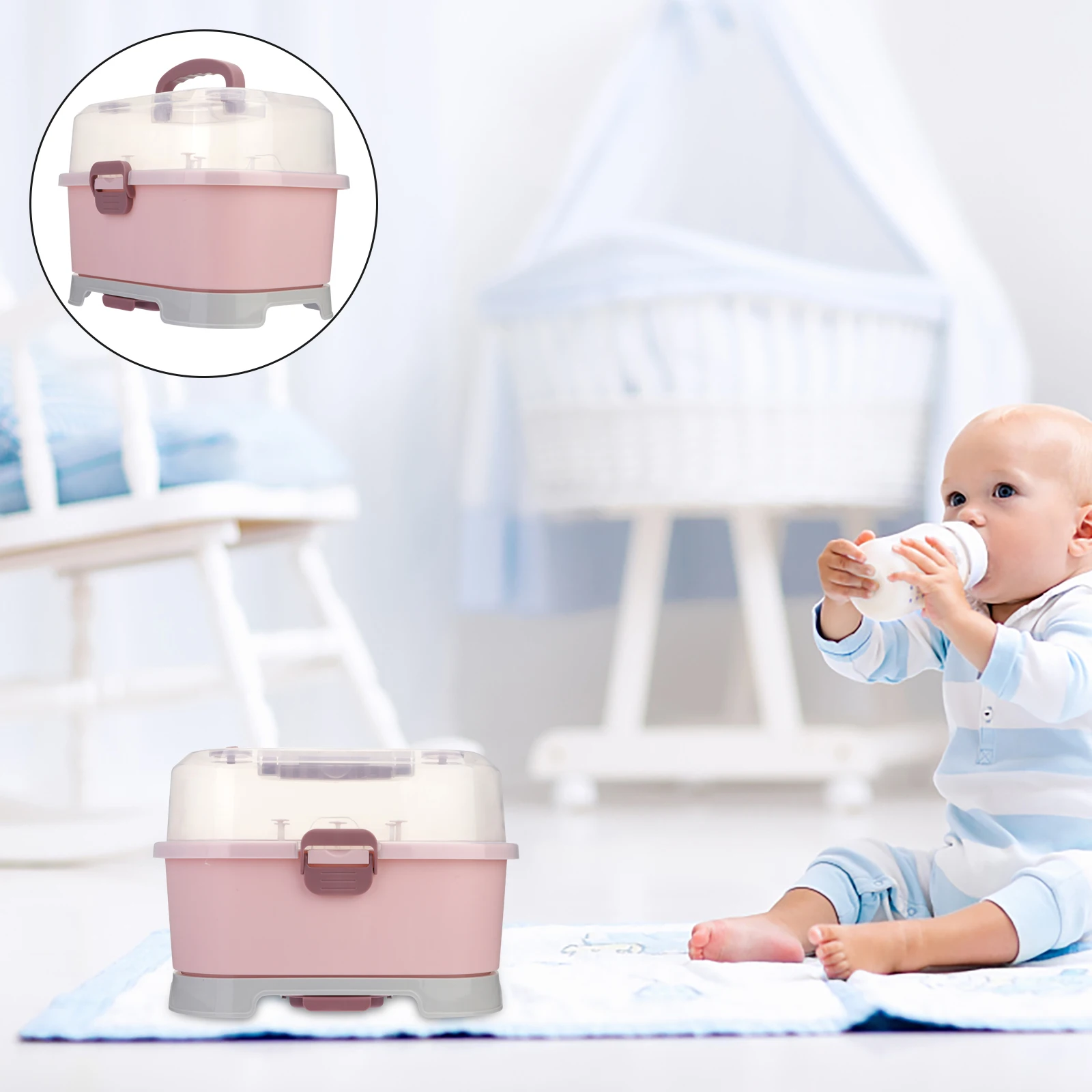 

1pc Baby Bottle Storage Box Pp Material Portable Dustproof For Travel Home Use Milk Bottle Organizer Drying Rack Container