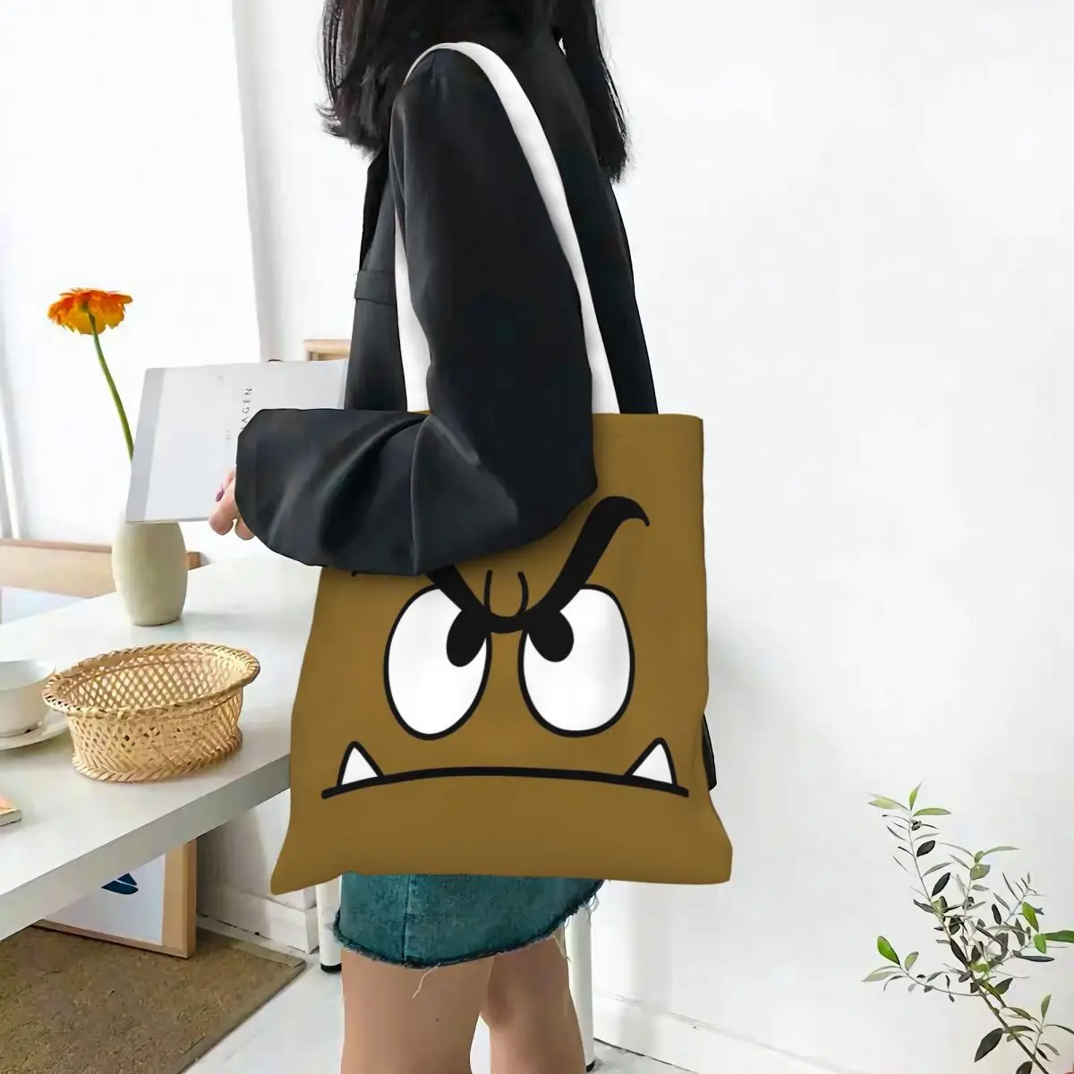 Goomba Face Shopping Bags Canvas The Tote Bag Reusable for Ladies Shoulder Tote Travel Handbag