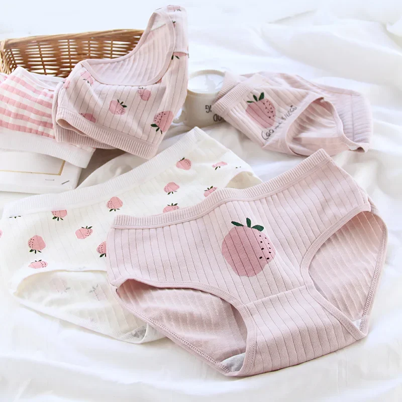 

M-XL Cute Pink Strawberry Girls Briefs Cotton Ribbed Elastic Women Panties Breathable Wrap Buttocks Soft Underwear Sports