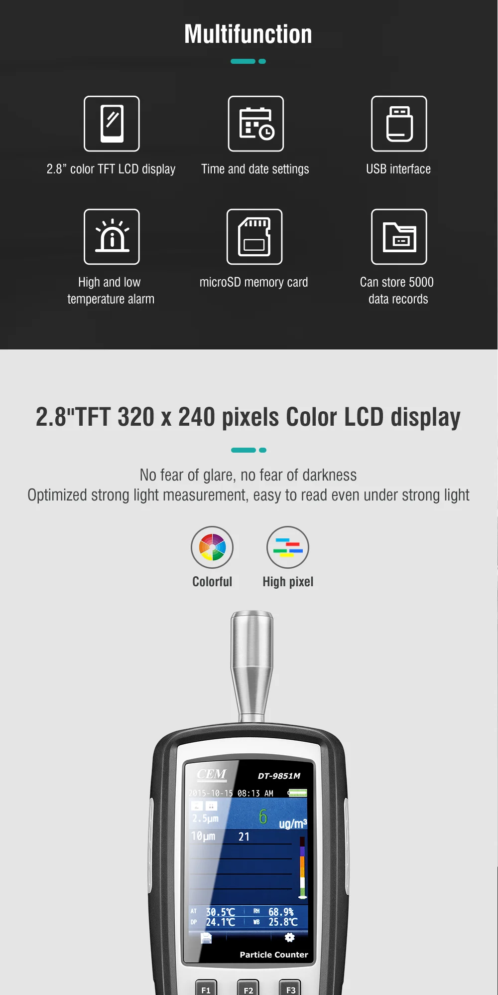 Contador de partículas de aire portátil profesional CEM DT-9850M, precio para faros de sala limpia, mediciones PM0.3 PM10um