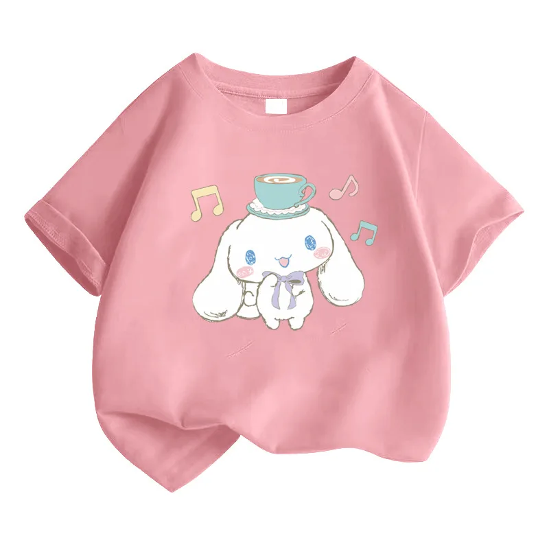 

Anime Sanrio Cinnamoroll Children Cotton T-Shirt Cute Cartoon Printing Round Neck Baby Short Sleeve Loose Casual Tops Girls Gift