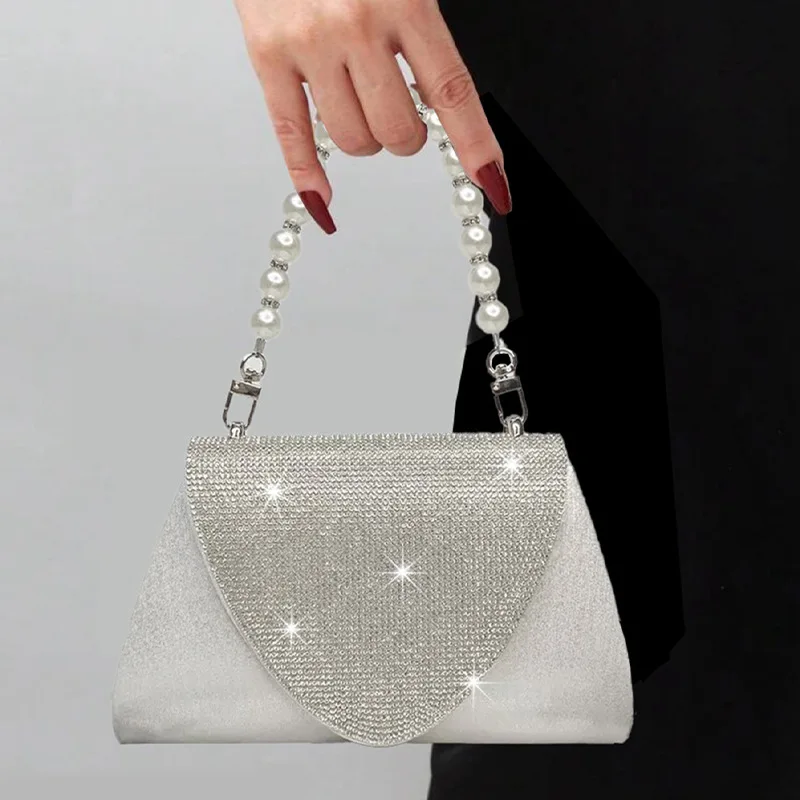 

2025 Summer New Ladies Luxury Evening Bags Silver White Shining Rhinestone Clutch Purse Pearl Chain Handbag Prom Party for Women